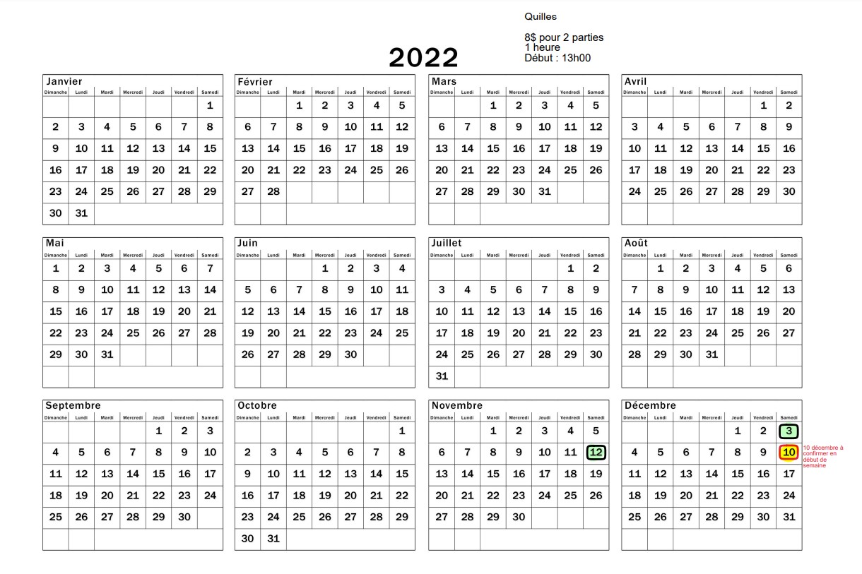 Calendrier Quilles 2022-2023