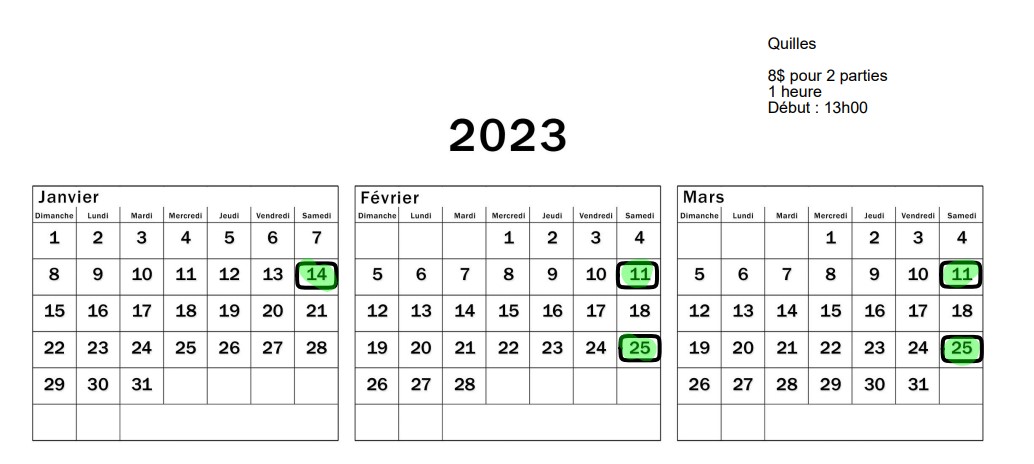 Calendrier Quilles 2022-2023